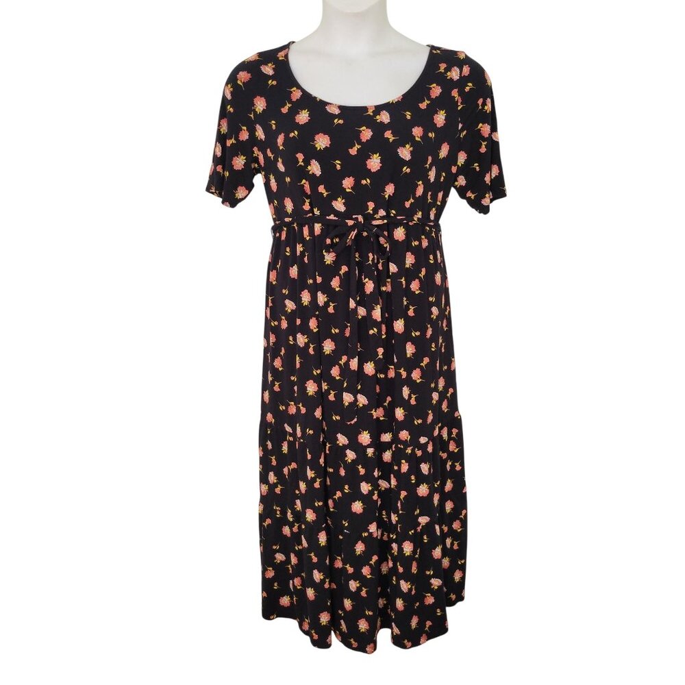 Ingrid Isabel Maternity Black Floral Midi Dress‎ With Tie Waist M